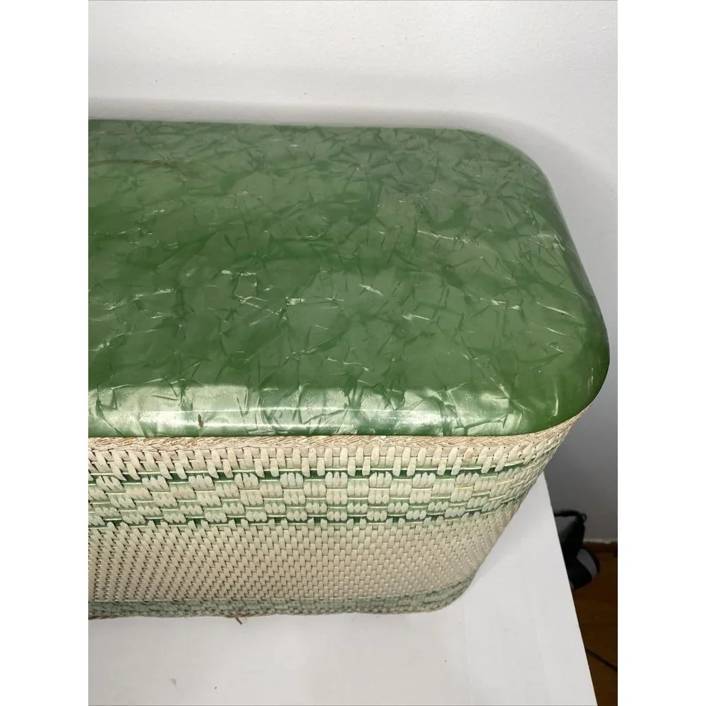 Vintage MCM Red-Man Laundry Hamper Wicker White Green Lucite Top Art Deco